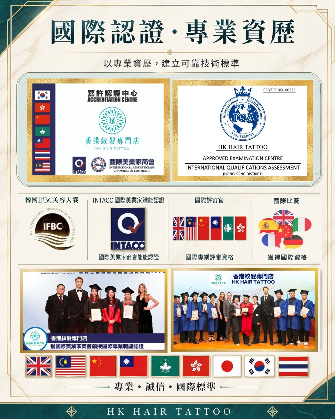 HK Hair Tattoo 國際認證與專業資歷海報，展示機構認證、導師資歷及職能認證活動紀錄